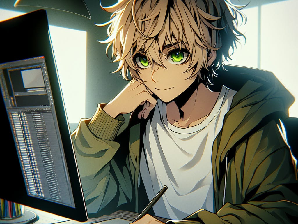 imagine in anime seraph of the end like look showing an anime boy with messy blond hair and green eyes working in kaufen sie instagram beitragsreichweite uai