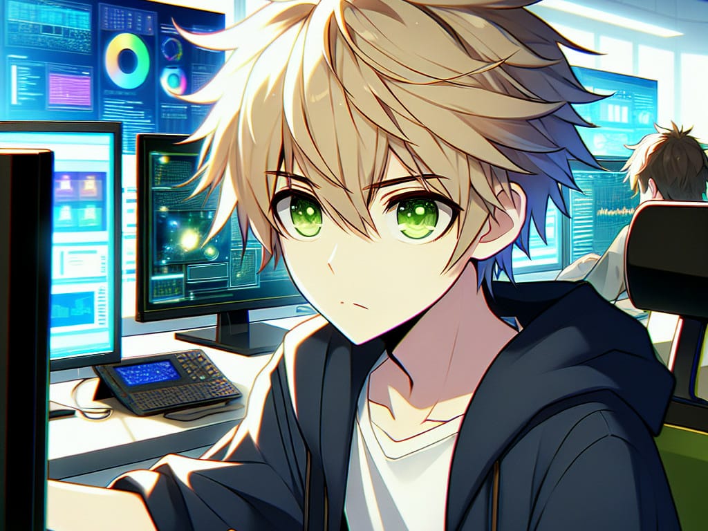 imagine in anime seraph of the end like look showing an anime boy with messy blond hair and green eyes working in kaufen sie instagram profilbesuche uai