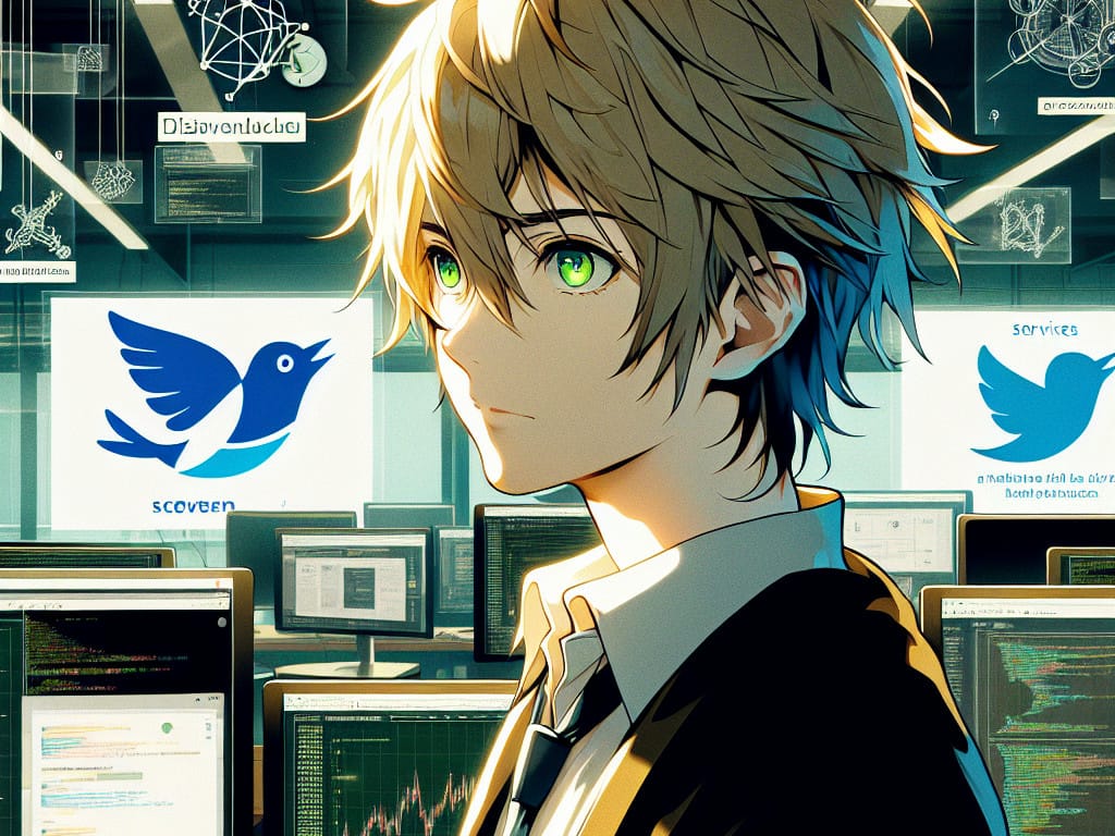imagine in anime seraph of the end like look showing an anime boy with messy blond hair and green eyes working in twitter wachstumsdienst uai